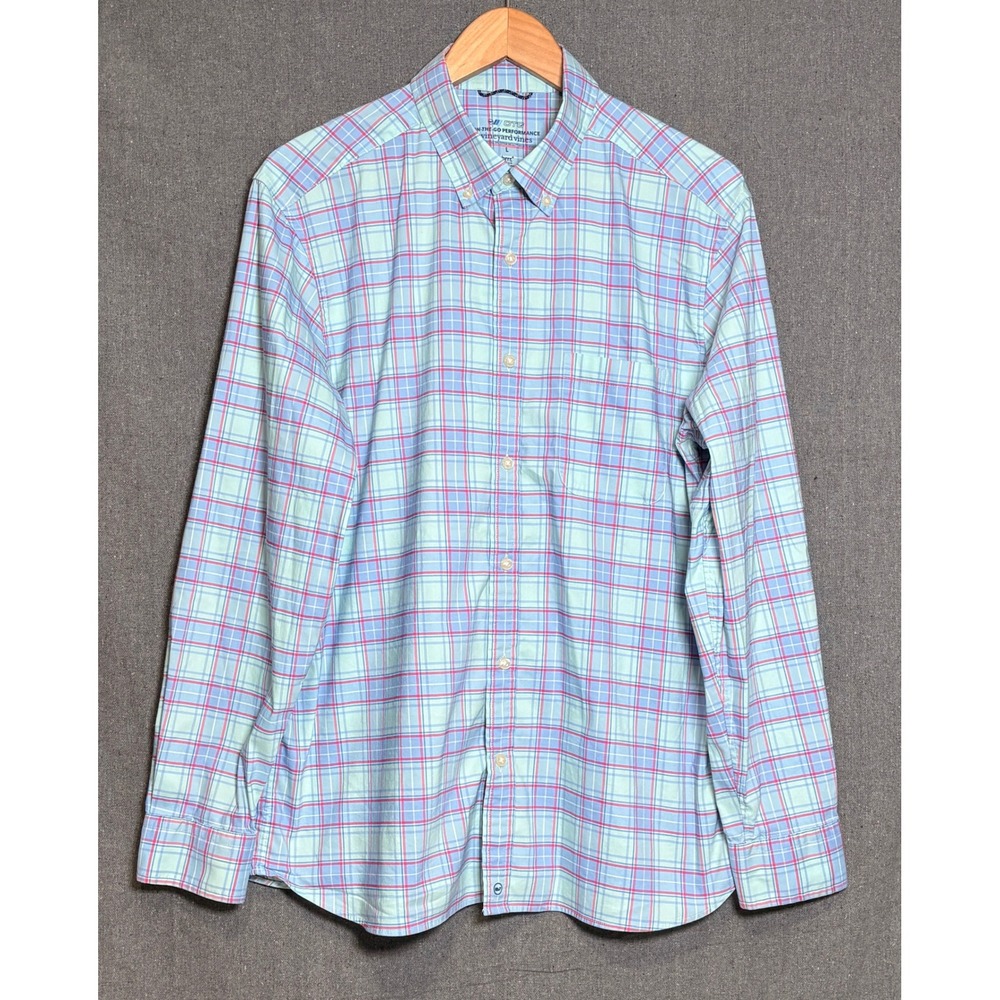 Vineyard Vines On-The-Go Performance Shirt Mens Large Blue Plaid Brrr Cooling